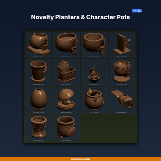 Novelty Planters & Character Pots Collection - 14-Model STL Bundle