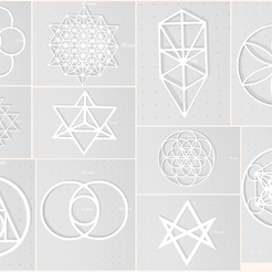 MYCE VLAN “Ws VLE VOY) CSSD, ~RL. 11 Sacred Geometry Symbols: Tetrahedron, Egg of Life, Seed of Life, Tree of Life, Hexafoil, Hexagram, Merkaba, Metatron's Cube, Vesica Pisces, Sri yantra, and Philosopher's Stone