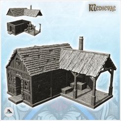 1-PREM.jpg STL file Medieval blacksmith house with forge, chimney and awning (10) - Medieval Gothic Feudal Old Archaic Saga 28mm 15mm・3D printable design to download
