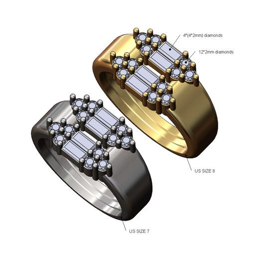 Double baguette and diamond statement ring US sizes 7 8 3D print model 3D model