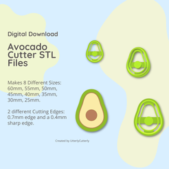 Digital Download Avocado Cutter STL Files Makes 8 Different Sizes: 60mm, 55mm, 50mm, 45mm, 40mm, 35mm, 30mm, 25mm. 2 different Cutting Edges: 0.7mm edge and a 0.4mm sharp edge. Created by UtterlyCutterly Archivo 3D Cortador de arcilla de aguacate - Descarga de archivos digitales STL de frutas y verduras - 8 tamaños y 2 versiones de cortadores・Objeto de impresión 3D para descargar