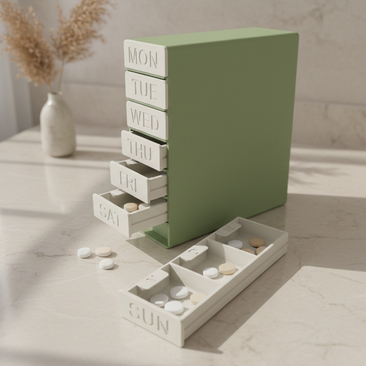 01.png Weekly Pill Organizer STL – 7 Day Medicine Box with Drawers – Morning Day Night Compartments