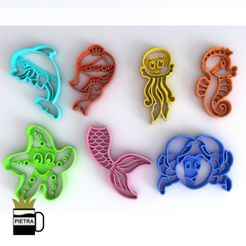 cults1.jpg STL file MERMAID AND FRIENDS FONDANT COOKIE CUTTER MODEL 3D PRINT・Design to download and 3D print