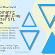Digital Download Geometric Triangle Clay Cutter STL Files 14 Different Sizes: 80mm, 75mm, 70mm, 65mm, 60mm, 55mm, 50mm, 45mm, 40mm, 35mm, 30mm, 25mm, 20mm, 15mm 2 different Cutting Edges: 0.7mm edge and a 0.4mm Sharp edge. Created by UtterlyCutterly Triangle Clay Cutter - Geometric STL Digital File Download- 14 sizes and 2 Cutter Versions