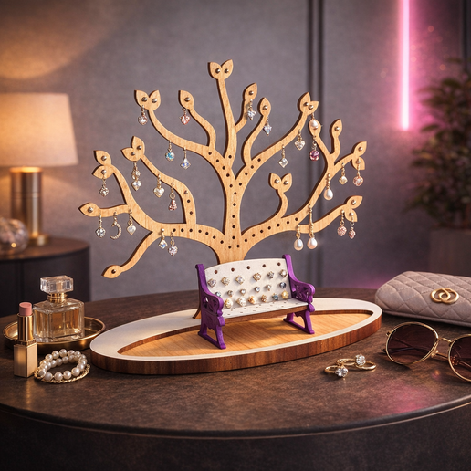 Wooden Jewelry Tree Stand — Earring Tree with Stud Earring Bench — Laser Cut Files