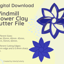 Digital Download Windmill Flower Clay Cutter File 6 Different Sizes: Makes 35mm, 40mm 45mm, 50mm, 55mm, 60mm. 2 different Cutting Edges: 0.7mm edge and a 0.4mm sharp edge. Created by UtterlyCutterly 3D file Windmill Flower Polymer Clay Cutter・3D printer model to download, UtterlyCutterly