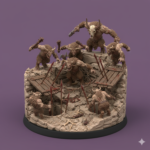 Single STL Beastmen Ambush Diorama with Spear Traps - Fantasy Tabletop RPG Miniature Terrain