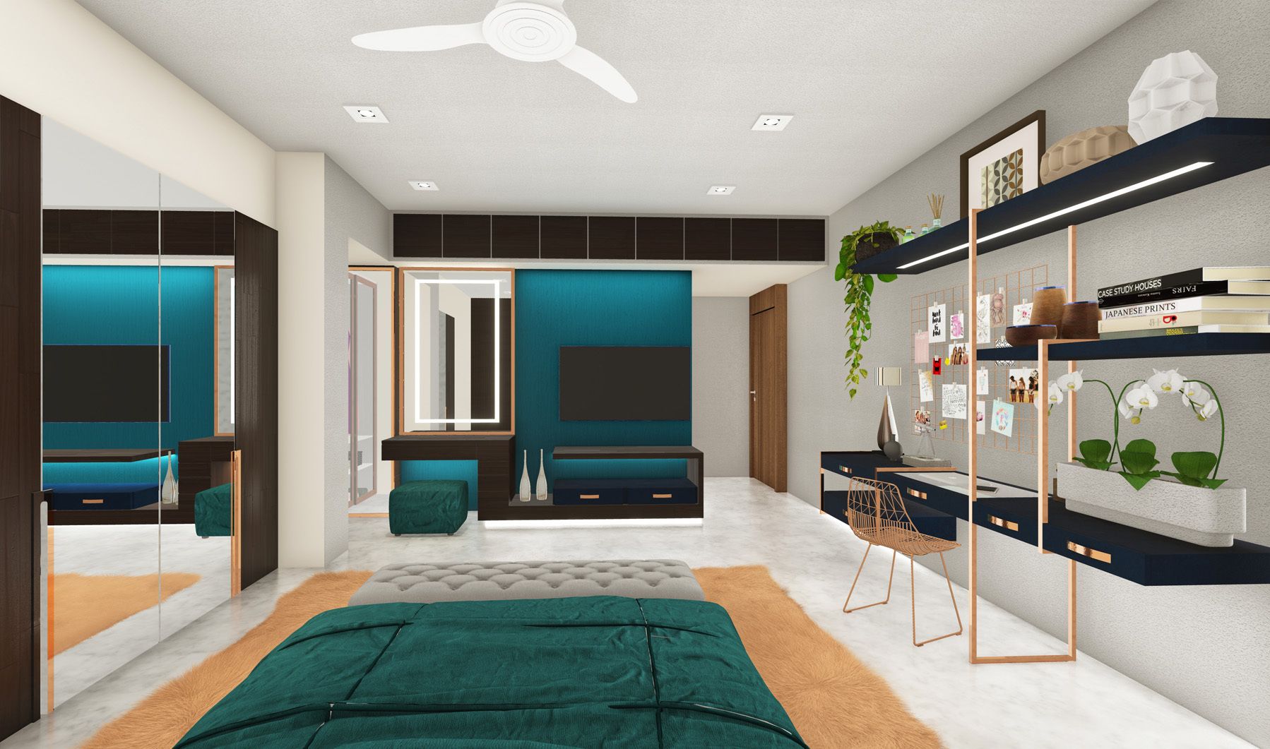 Archivo STL Escena interior de un dormitorio con zona de estudio y ...