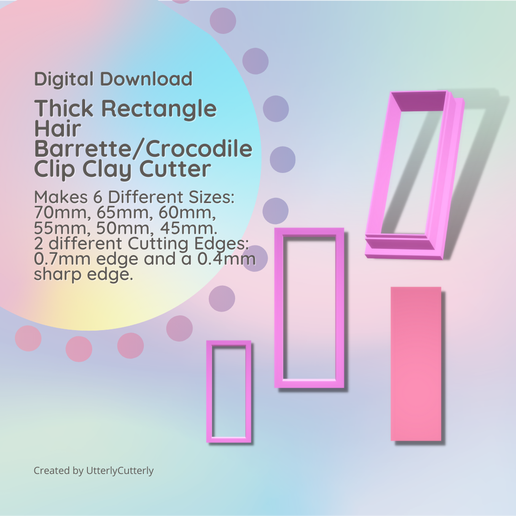 Thick Rectangle Hair Barrette/Crocodile Clip Clay Cutter - STL Digital File Download- 6 sizes and 2 Cutter Versions, Accessories, 3d Print