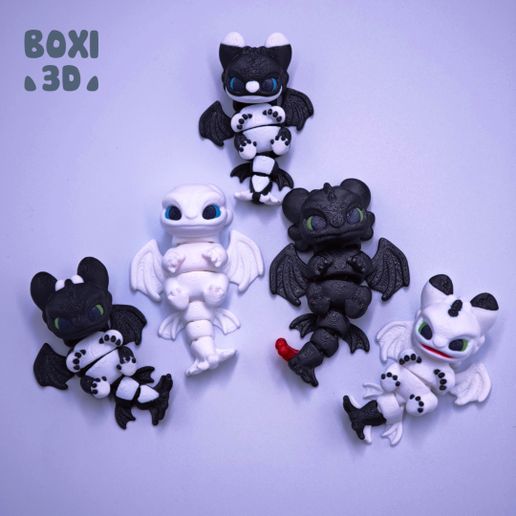 MINI B-WAII TOOTHLESS, LIGHT FURY AND HIS BABIES- FLEXI - ARTICULATED - CUTE-PRINT IN PLACE
