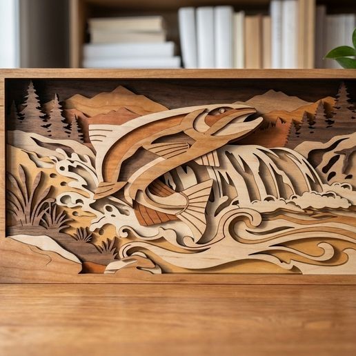 MD94 - Leaping Trout Layered Wood SVG, Waterfall Laser Cut File, 3D Wooden Wall Art, River Fishing Scene CNC Design, Glowforge SVG
