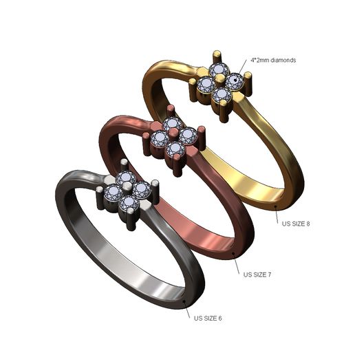Pinched square diamond cluster ring US sizes 6 7 8 3D print model 3D model