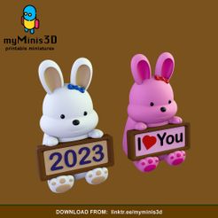 Bunny-2023-01.jpg Archivo STL Lindo Kawaii Conejito Conejo Año Nuevo 2023 o el Día de San Valentín Figura | Modelos de impresión 3D.・Objeto para impresora 3D para descargar