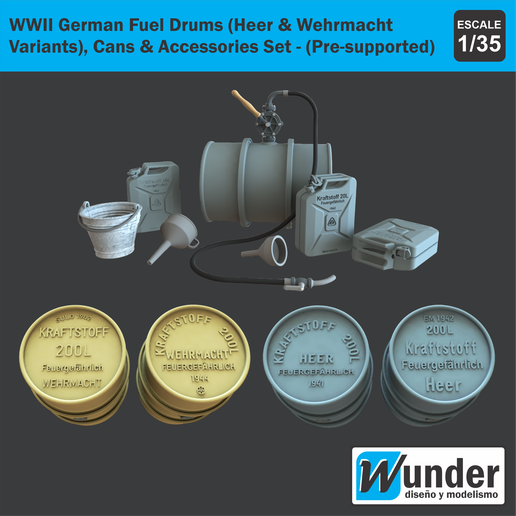 1/35 WWII German Fuel Drums (Heer & Wehrmacht), Cans & Accessories Set - (Pre-supported STL)