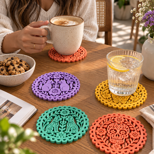 Portavasos Papel Picado Mexicano – Día de Muertos | Juego de 4