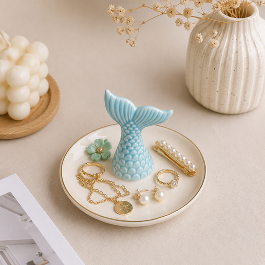 10.png Mermaid Tail Ring Holder | Coastal Jewelry Dish | Beach Decor Organizer | Ocean Trinket Tray | 3D Printable STL