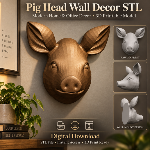 Pig Head Wall Decor STL – Low Poly 3D Printable Animal Sculpture