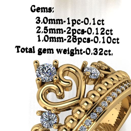 Gems: 3.0mm-1pc-0,1ct 2.5mm-2pcs-0, 1 2ct 1,.0mm-26pcs-0,10ct Archivo STL Corona de anillos con 3 corazones y diamantes・Modelo de impresora 3D para descargar, jewelry3D