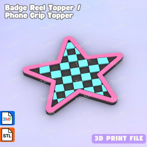 Badge Reel Topper Flat Back star checkered - Phone Grip Topper - 3MF