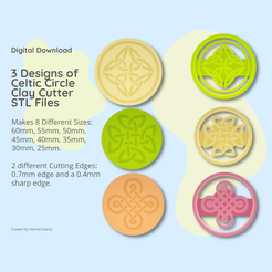 Digital Download 3 Designs of Celtic Circle Clay Cutter STL Files Makes 8 Different Sizes: 60mm, 55mm, 50mm, 45mm, 40mm, 35mm, 30mm, 25mm. 2 different Cutting Edges: 0.7mm edge and a 0.4mm Sharp edge. Created by UtterlyCutterly 3D file Celtic Circle 1, 2 & 3 Knot Clay Cutter - STL Digital File Download- 8 sizes and 2 Cutter Versions・3D printer design to download, UtterlyCutterly