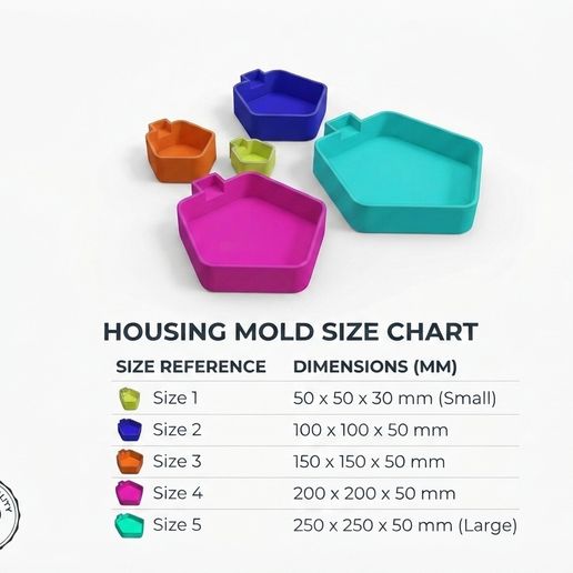 Pentagon Mold Housings Set – 5 Sizes STL Files | Ultimate 3D Print Frameworks for Silicone, Resin, Concrete & Jesmonite Casting