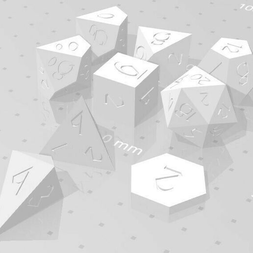 Polyset Dice (Sharp Edges) - Fantasy Elf Font - D2, D4, D4 Droplet Crystal, D6, D8, D10, D12, D% Vertical, D20 - 3D model önizlemesi