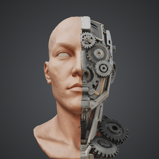 Half Human Half Machine Bust – Cybernetic Split Face Sci-Fi Sculpture