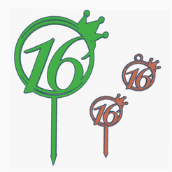 caketopper-16.png Archivo STL Adorno de tarta Sweet Sixteen con corona de princesa, adorno de magdalena y amuleto・Objeto imprimible en 3D para descargar