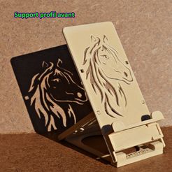 1 - Support profil avant.JPG FOLDING STAND FOR SMARTPHONE OR TABLET ....  Foldable support for mobile phone and small digital tablet - pattern: "Horse" - Pattern: Horse