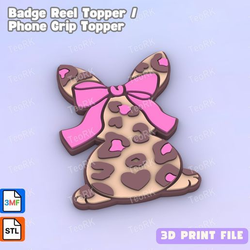Badge Reel Topper Flat Back leopard rabbit with bow - Phone Grip Topper - 3MF