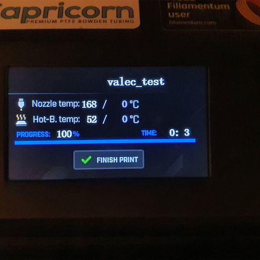 Capricorn PREMIUM PTFE BOWDEN TUBING valec_test t Nozzle temp:168 / 0°C PoC a A PROGRESS: 100% Bis aoe pa Ender 5 Plus - LCD Screen Dark Theme v 1.0
