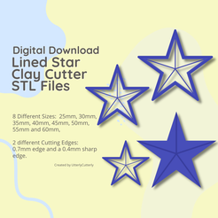 Digital Download Lined Star Clay Cutter STL Files 8 Different Sizes: 25mm, 30mm, 35mm, 40mm, 45mm, 50mm, 55mm and 60mm, 2 different Cutting Edges: 0.7mm edge and a 0.4mm sharp edge. Created by UtterlyCutterly Fichier 3D Lined Star Clay Cutter - STL Digital File Download- 8 sizes and 2 Cutter Versions・Design pour imprimante 3D à télécharger, UtterlyCutterly