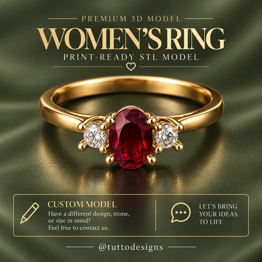 Elegant Women’s Oval Ruby Ring 3D Model Diamond Gold Ring Jewelry STL Print Ready