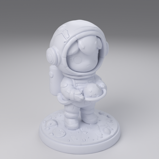Chibi Astronaut Girl Holding a Tiny Planet - Cute Anime Style Space Figurine on a Moon Base, 100 mm