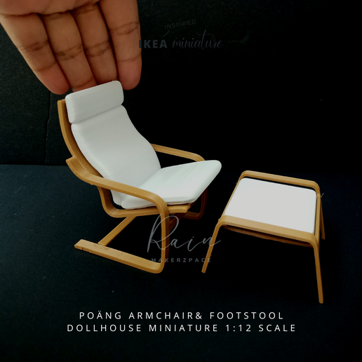 POANG ARMCHAIR& FOOTSTOOL DOLLHOUSE MINIATURE 1:12 SCALE STL file MINIATURE IKEA-INSPIRED Poäng Armchair and FootStool for 1:12 DOLLHOUSE・3D printing idea to download, RAIN
