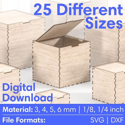 Laser Cut Box With Flip Up Lid - Storage Box - 25 Different Size - 6 Different Material Thickness - Laser Cutting Files Glowforge SVG, DXF - 3D model önizlemesi