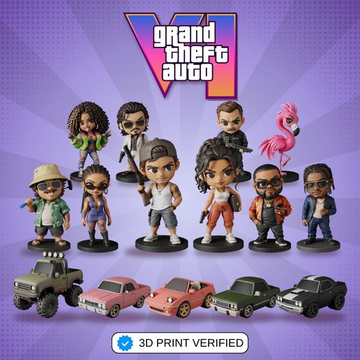 GTA 6 Chibi Collection – 9 Characters, 5 Cars, Flamingo & Cash Stack | 16 STL Files for 3D Printing