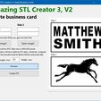 © Amazing STL Creator 3: Create Business Card Amazing STL Creator 3, V2 Create business card Side 2 aT a =a — Clearing lower text field you get one text line Side 1 Open image! Open image2 Images should be JPG. Best size is 900x500 pixels Other JPG sizes will be scaled to %5 ratio, centered, cropped Images will be transformed to Black/White automatically Width, mm Preview Create STL Side 1 MATTHEW SMITH Side2 STL-Datei App zum Erstellen austauschbarer Visitenkarten・Modell für 3D-Drucker zum Herunterladen