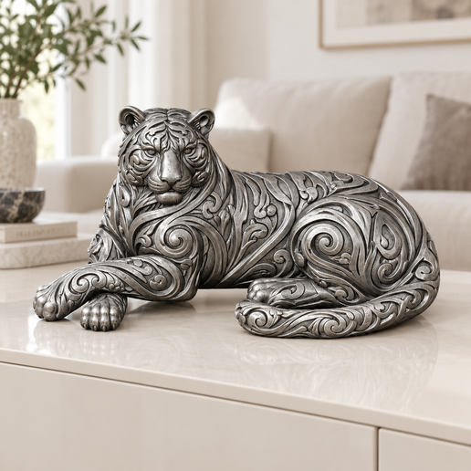 Liegender Tiger mit Rankenmuster – STL & 3MF, 4 Größen