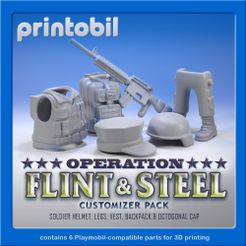printobil i *« ita Gai ce « PNRSHEE IE Eas PACK SOLDIER HELMET, LEGS, VEST, BACKPACK & DCTOGONAL CAP contains 6 Playmobil-compatible parts for 3D printing Fichier STL PLAYMOBIL OPÉRATION SILEX & ACIER - SOLDAT - PIÈCES COMPATIBLES PLAYMOBIL POUR PERSONNALISATION・Plan pour impression 3D à télécharger
