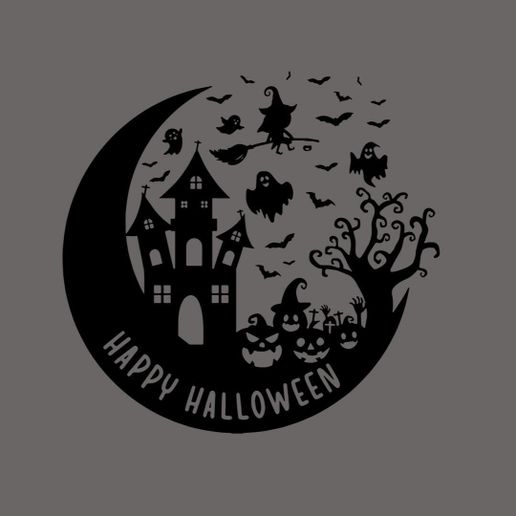Happy Halloween Night Scene Silhouette | Haunted House and Witch Design