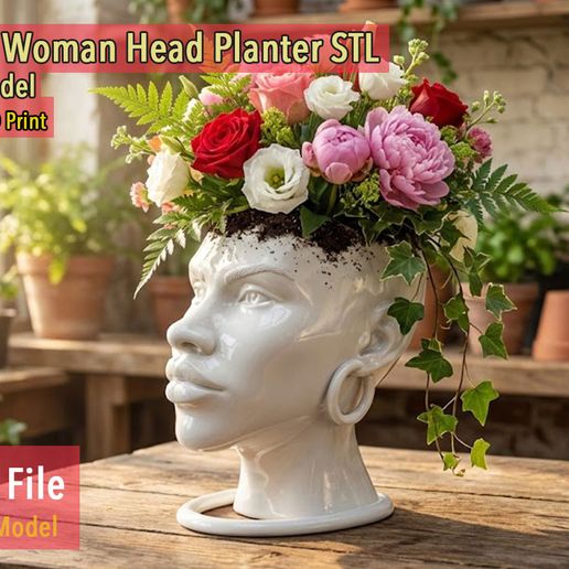 African Woman Head Planter 3D – Elegant Female Bust Flower Pot