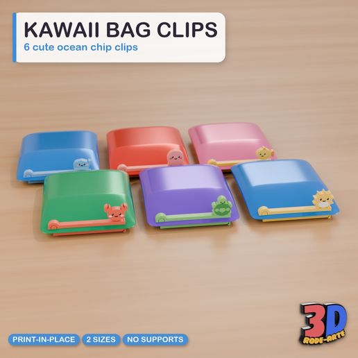 6 Kawaii Ocean Bag Clips - Print-in-Place Chip Clip + Fridge Magnet (Multicolor 3MF, No Supports)