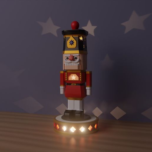 Nutcracker Soldier Night Light - Moving Jaw Pigtail Lever, Star Hat, Glowing Chest and Drum, USB LED