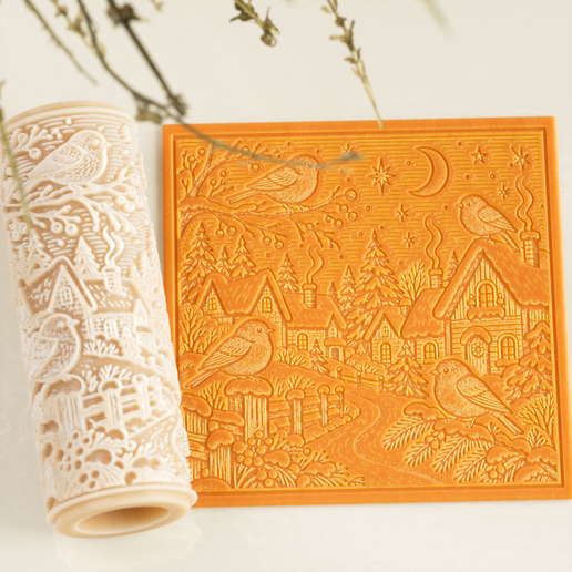 Winter Birds Village Texture Roller – Snowy Houses for Pottery and Polymer Clay
