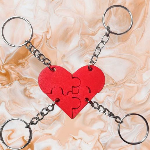 💜 HEART PUZZLE KEY RING FOR 4 PEOPLE・ STL File for 3D printing