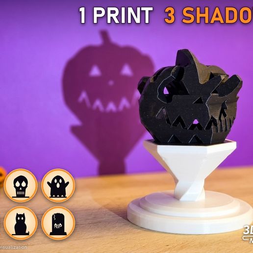 Sculpture à ombres Halloween : citrouille, crâne, fantôme + socle tournant / Halloween Shadow Art