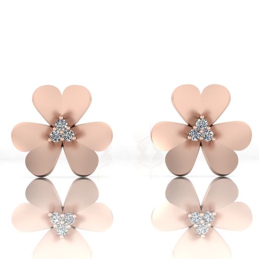 Rose Gold Three Petal Flower Diamond Cluster Stud Earrings