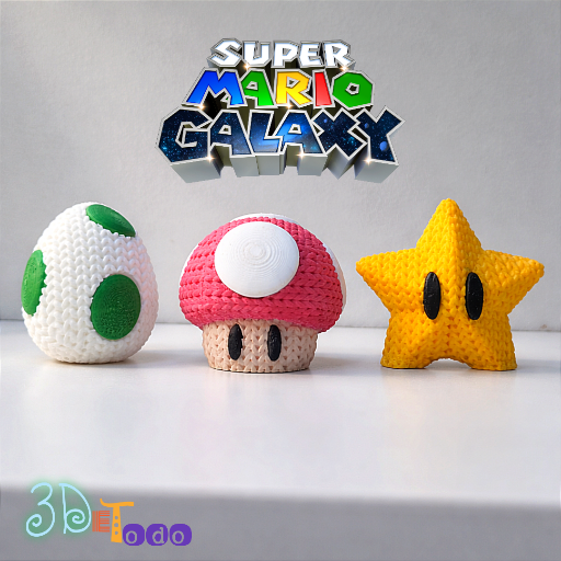 hongo, estrella y huevo de Yoshi de ganchillo – paquete de 3 modelos – Super Mario Galaxy – Impresion en su sitio – sin soportes – AMS
