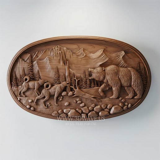 3D STL Model of Bear Hunting Scene | Wildlife Wood Carving for CNC | Digital Download